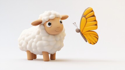 Poster - A cute cartoon sheep gazes at a vibrant butterfly in a whimsical, friendly scene.
