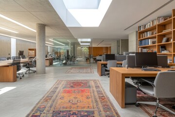 Poster - Modern office space featuring wooden desks, computers, and natural light.