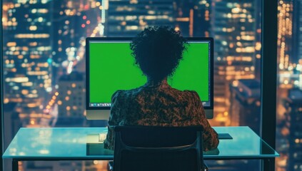 Aufkleber - A person sits at a desk in front of a computer with a green screen, overlooking a cityscape.