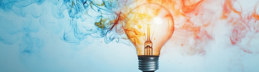 Wall Mural - a glowing light bulb surrounded by colorful smoke, symbolizing creativity and ideas.