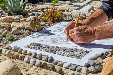 Aufkleber - A person sketching on paper surrounded by a rock garden, focusing on detailed illustrations.