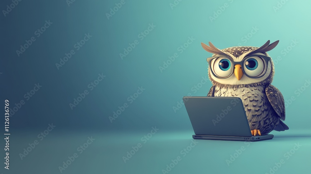 Cartoon Owl Computer Cartoon Owl with Laptop, Cute Owl Character, Blue Background, Whimsical ...