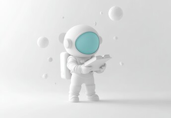 Poster - A white astronaut reading a book in a minimalist, bubble-filled environment.