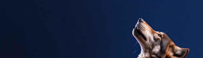Poster - A dog gazing upwards against a dark blue background, showcasing its profile and expression.