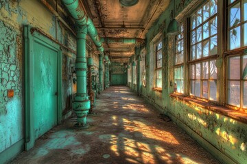 Poster - An abandoned corridor with peeling paint and industrial pipes, illuminated by sunlight.