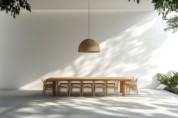 Leinwandbilder - A minimalistic dining area with a long wooden table and chairs under a pendant light.