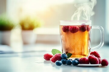 Poster - A steaming cup of tea garnished with fresh raspberries and blueberries on a table.