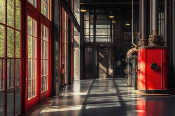 Poster - A spacious industrial interior with red accents and large windows casting shadows.