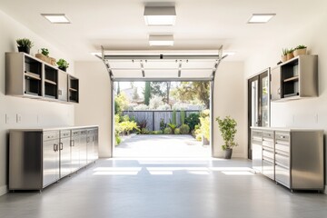 Aufkleber - Modern garage with stainless steel cabinets and a view of a garden.
