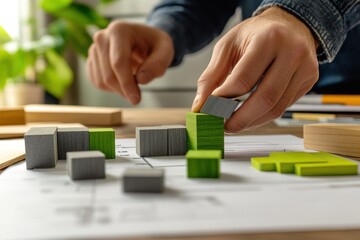 Fototapete - A person arranging colorful building blocks on a blueprint, suggesting a design or planning activity.
