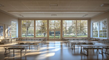 Aufkleber - A bright, spacious classroom with rows of tables and large windows overlooking greenery.