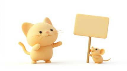 Poster - A cute yellow cat and a small mouse hold a blank sign, conveying a playful message.