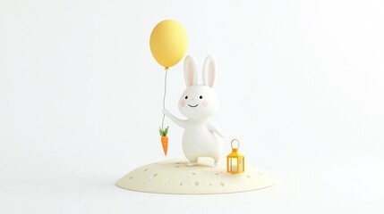 Poster - A cheerful cartoon rabbit holds a balloon and a carrot on a sandy base with a lantern.