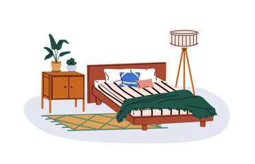Poster - Cozy bedroom interior with wooden bed, cushions and pillows, blanket. Modern home room design with bedside table, floor lamp and decorations. Flat vector illustration isolated on white background