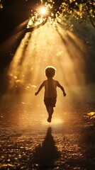 Poster - Child Running Through Sunlit Forest Path with Golden Sunbeams Filtering Through Trees