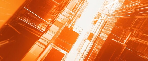 Poster - Abstract orange geometric shapes creating a futuristic digital environment.