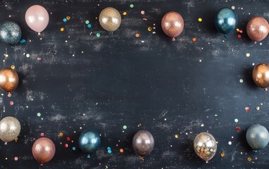 Poster - A festive arrangement of balloons and confetti on a dark surface, perfect for celebrations.
