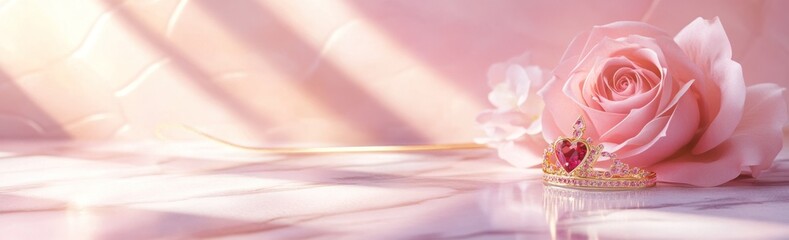 Poster - A delicate rose beside a sparkling tiara on a soft pink background.