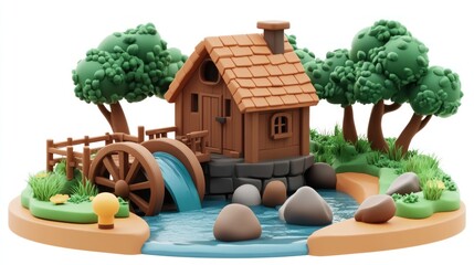 Poster - A charming wooden house with a waterwheel beside a stream, surrounded by trees and rocks.