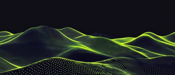 Poster - Abstract digital landscape with flowing lines and dots in vibrant green against a dark background.