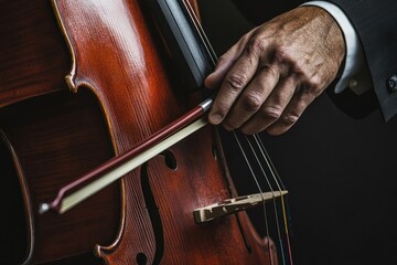 Aufkleber - A close-up of a hand playing a cello, showcasing the instrument and bow technique.