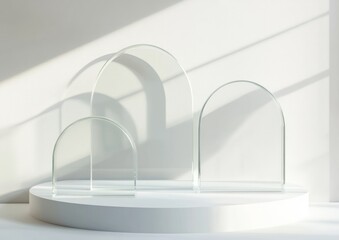 Aufkleber - Minimalist display featuring three glass arches casting shadows on a white pedestal.