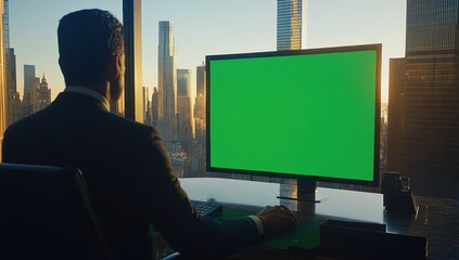 Aufkleber - A businessman sits at a desk with a blank green screen monitor, overlooking a city skyline.