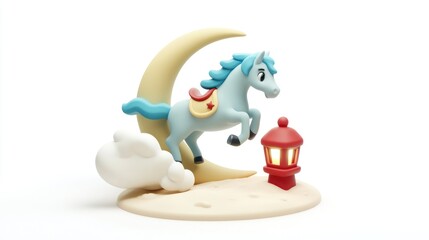 Poster - A whimsical blue horse figurine jumping over a crescent moon with a lantern.