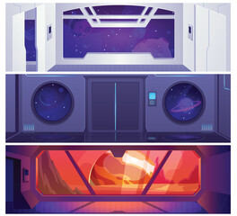 Wall Mural - Illustration of a set with a spaceship interior with panoramic and round windows.