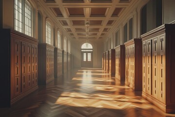Poster - A serene hallway with wooden lockers and soft light filtering through large windows.