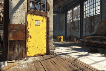Poster - An industrial space featuring a yellow door, wooden flooring, and large windows.