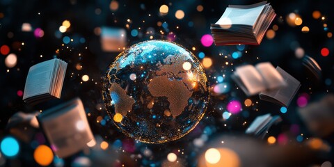 Poster - A digital globe surrounded by floating books, symbolizing knowledge and global education.
