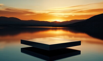 Wall Mural - a floating reflective platform at sunset over a serene lake, creating a tranquil atmosphere.