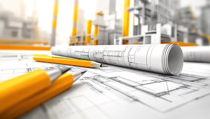 Poster - Architectural blueprints with a pencil and pen on a construction site.