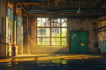 Poster - An industrial interior with sunlight streaming through large windows, highlighting weathered surfaces.