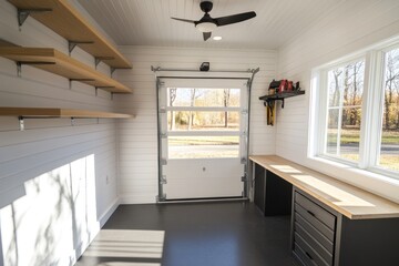 Poster - A modern garage interior with shelves, workbenches, and a large door, designed for organization.