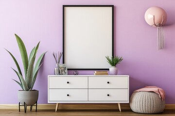 Aufkleber - Modern interior design featuring a dresser, plants, and a wall frame.