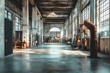 Poster - Spacious industrial interior with large windows and machinery.