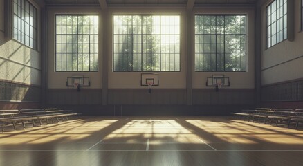 Wall Mural - A spacious gymnasium with large windows and basketball hoops, illuminated by sunlight.