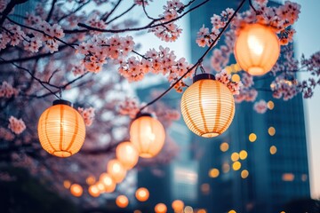 Poster - Cherry blossoms and lanterns create a serene evening atmosphere in a cityscape.