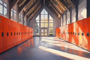 Aufkleber - Bright hallway with orange lockers and large windows casting shadows.