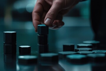 Aufkleber - A hand stacking hexagonal blocks on a reflective surface, showcasing focus and precision.