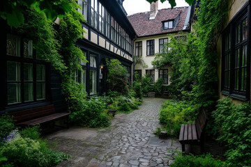 Poster - A minimalist garden with stone paths, wooden benches, and lush greenery.