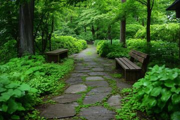 Poster - A minimalist garden with stone paths, wooden benches, and lush greenery.