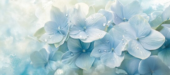 Poster - A serene arrangement of soft blue hydrangea flowers with gentle water droplets.