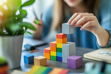 Aufkleber - A person stacking colorful wooden blocks on a table, focusing on creativity and play.