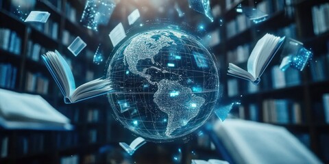 Aufkleber - A digital globe surrounded by floating books, symbolizing knowledge and global connectivity.
