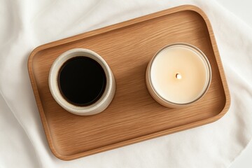 Poster - A flat lay of minimalist Scandinavian decor: a candle, a wooden tray, and a cup of coffee