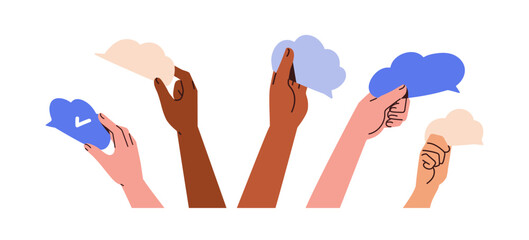 Wall Mural - hands holding a blank speech bubbles, clouds with ideas, information, thoughts. communication, opini