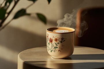 Poster - A steaming cup of coffee on a table, surrounded by soft light and greenery.